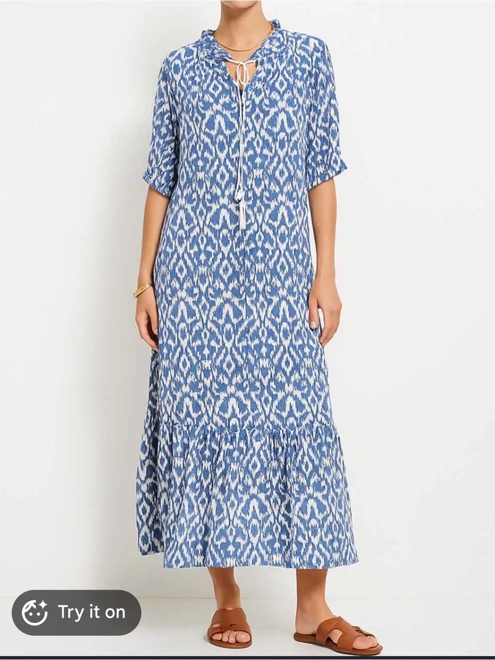 Blue Patterned Tie-Neck Maxi Dress
